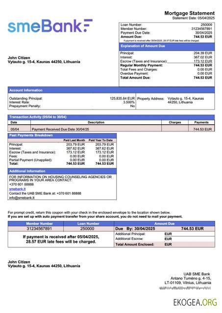 Modèle Word et PDF de relevé hypothécaire de la Lituanie UAB SME Bank